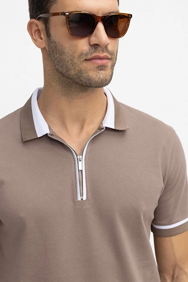 Erkek Slim Fit Dar Kesim %100 Pamuk Düz Pike Fermuarlı Haki Polo Yaka Tişört